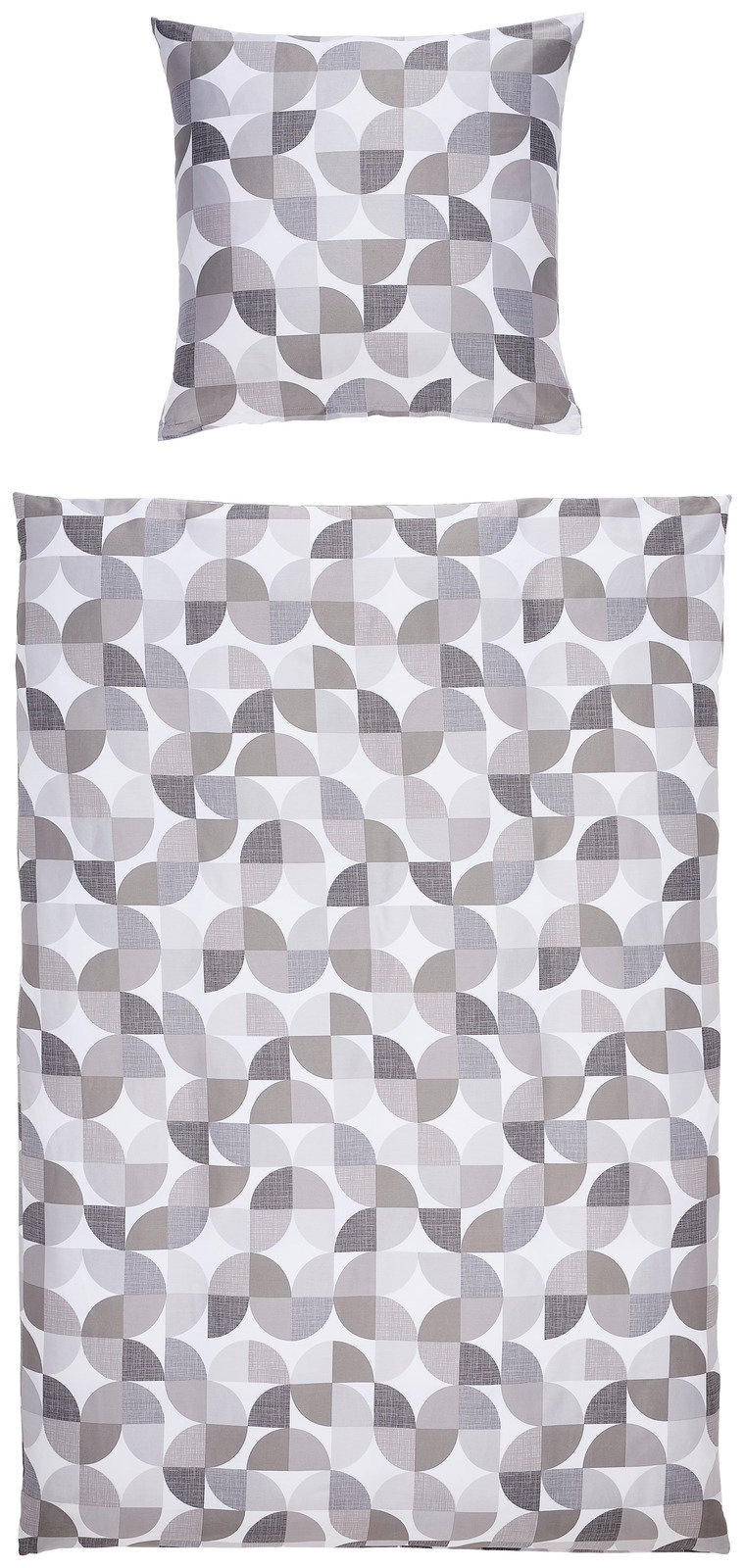 Bettwäsche-Set mit geometrischem Muster in Grau- und Weißtönen, bestehend aus einem Kissenbezug und einem Bettdeckenbezug, aus der Vogelperspektive fotografiert.