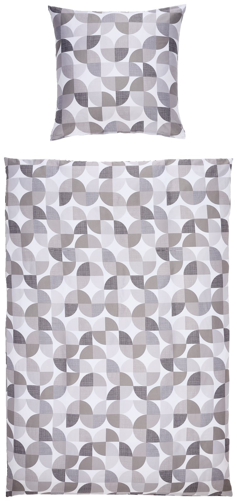 Bettwäsche-Set mit geometrischem Muster in Grau- und Weißtönen, bestehend aus einem Kissenbezug und einem Bettdeckenbezug, aus der Vogelperspektive fotografiert.