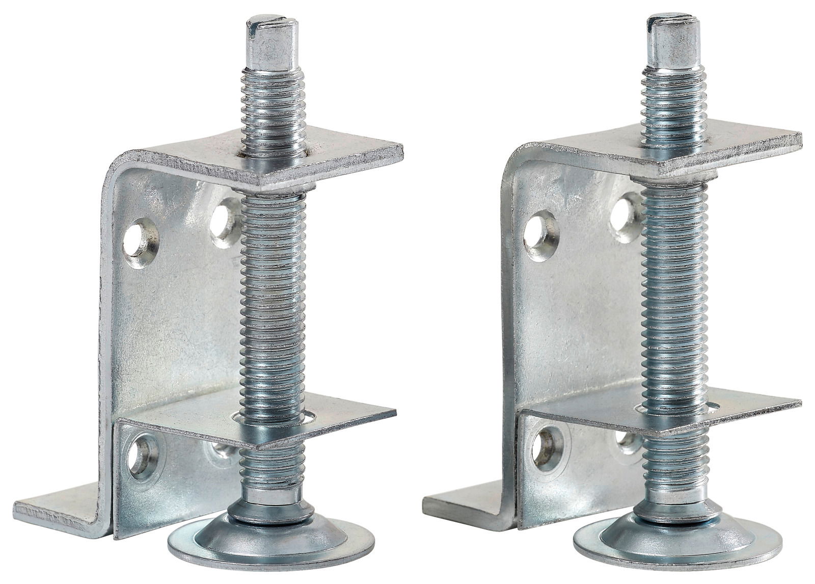 Zwei verstellbare Stellfüße aus Metall, seitliche Perspektive