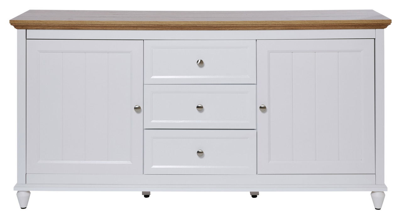 Weißes Sideboard mit Holzplatte, zwei Türen und drei Schubladen, frontale Ansicht