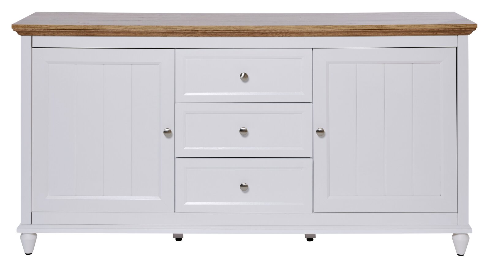 Weißes Sideboard mit Holzplatte, zwei Türen und drei Schubladen, frontale Ansicht