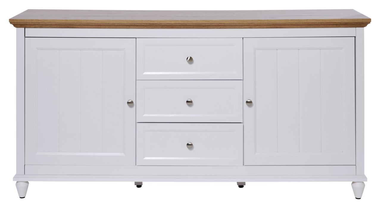 Weißes Sideboard mit Holzplatte, zwei Türen und drei Schubladen, frontale Ansicht