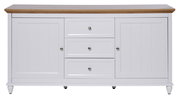 Weißes Sideboard mit Holzplatte, zwei Türen und drei Schubladen, frontale Ansicht