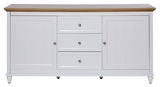 Weißes Sideboard mit Holzplatte, zwei Türen und drei Schubladen, frontale Ansicht