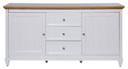Weißes Sideboard mit Holzplatte, zwei Türen und drei Schubladen, frontale Ansicht