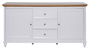 Weißes Sideboard mit Holzplatte, zwei Türen und drei Schubladen, frontale Ansicht