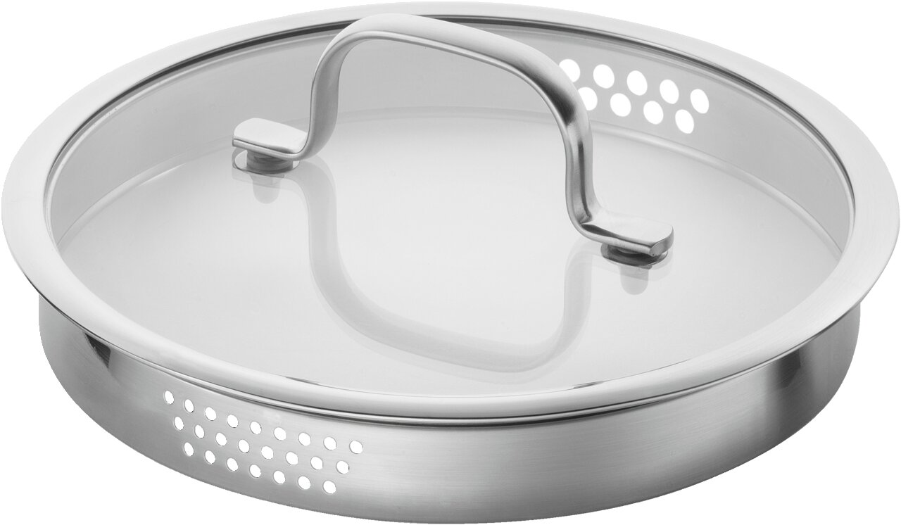 Topfdeckel aus Edelstahl mit Sichtfenster und Abtropflöchern, seitliche Perspektive