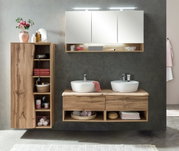 Moderner Spiegelschrank in einem stilvollen Badezimmer mit Holzschränken und Doppelwaschbecken, Frontalansicht.