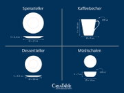 Infografik eines Geschirrsets mit Speiseteller (Ø 27 cm, Höhe 2,5 cm), Dessertteller (Ø 20 cm, Höhe 2,5 cm), Kaffeebecher (300 ml, Ø 9 cm, Höhe 10,5 cm) und Müslischale (600 ml, Ø 14 cm, Höhe 7 cm), dargestellt in Draufsicht und Seitenansicht auf blauem H