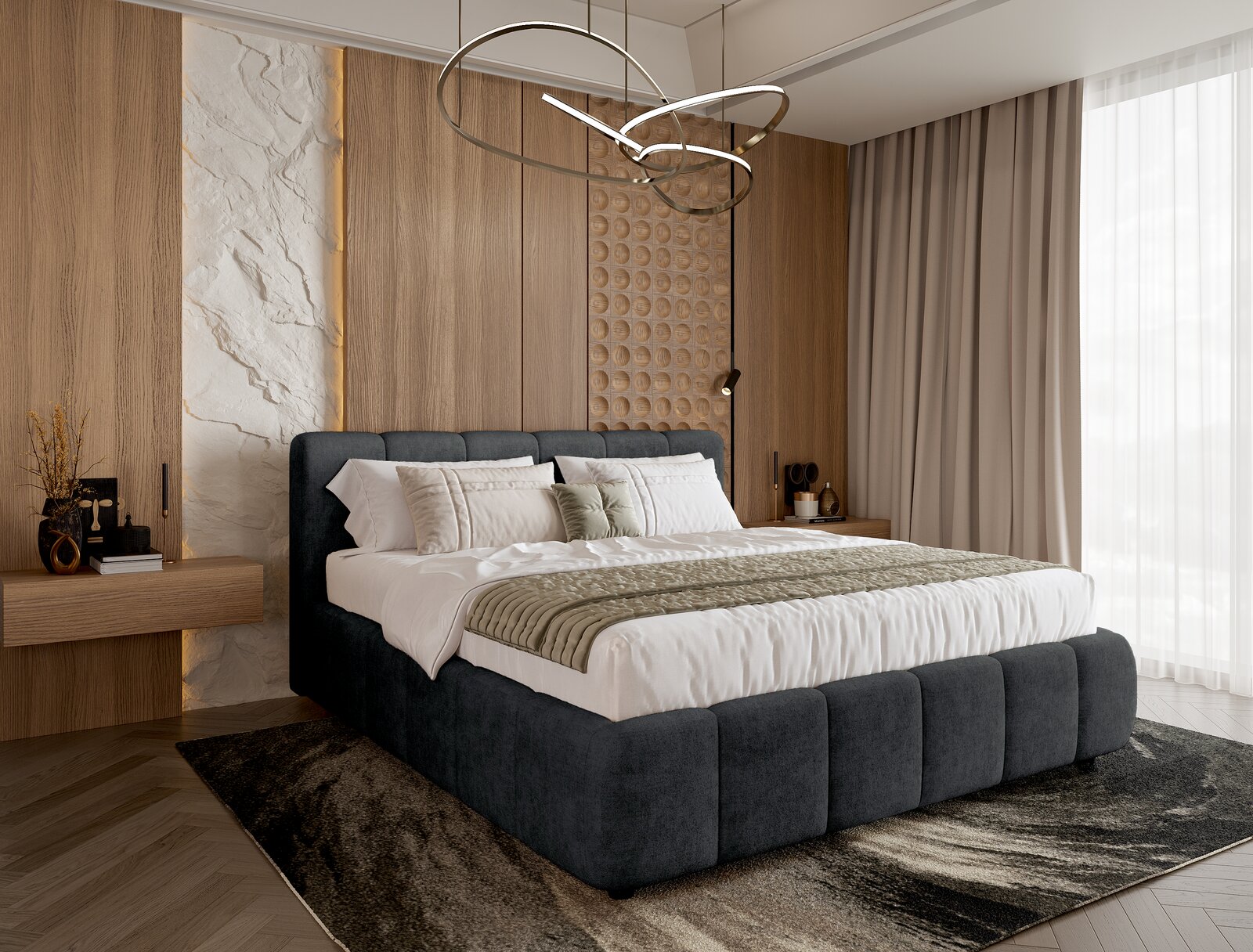 Modernes Polsterbettgestell in einem stilvollen Schlafzimmer, seitliche Perspektive.