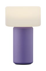 Violette Akku-Tischleuchte TINY mit weißem Lampenschirm, frontal betrachtet.