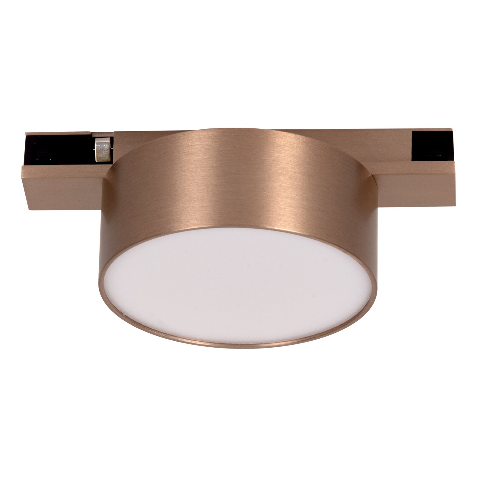 Runde Deckenleuchte in gebürsteter Bronze/Metalloptik mit opaler Diffusor-Abdeckung, frontale Unteransicht auf weißem Hintergrund