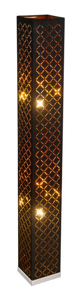 Stehleuchte aus Holz mit geometrischem Muster und warmem Licht, seitliche Perspektive