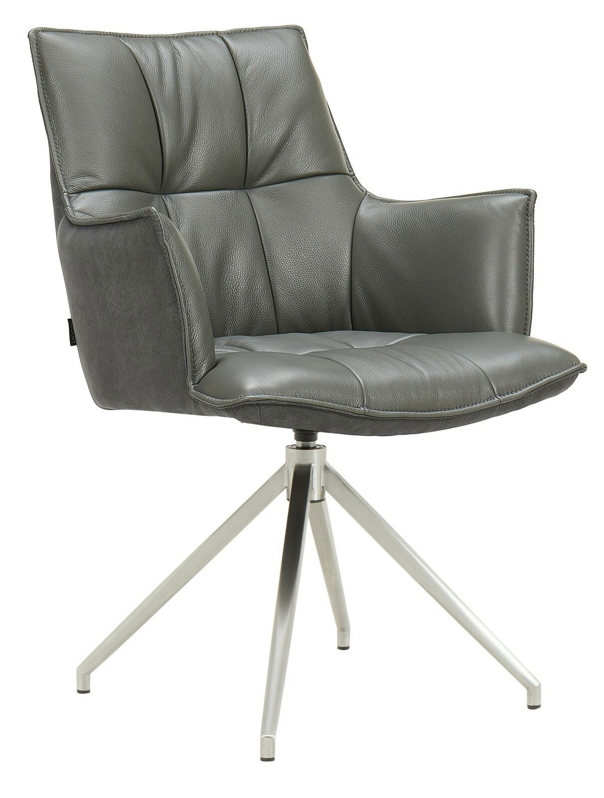 Moderner grauer Sessel mit Metallbeinen, seitliche Perspektive