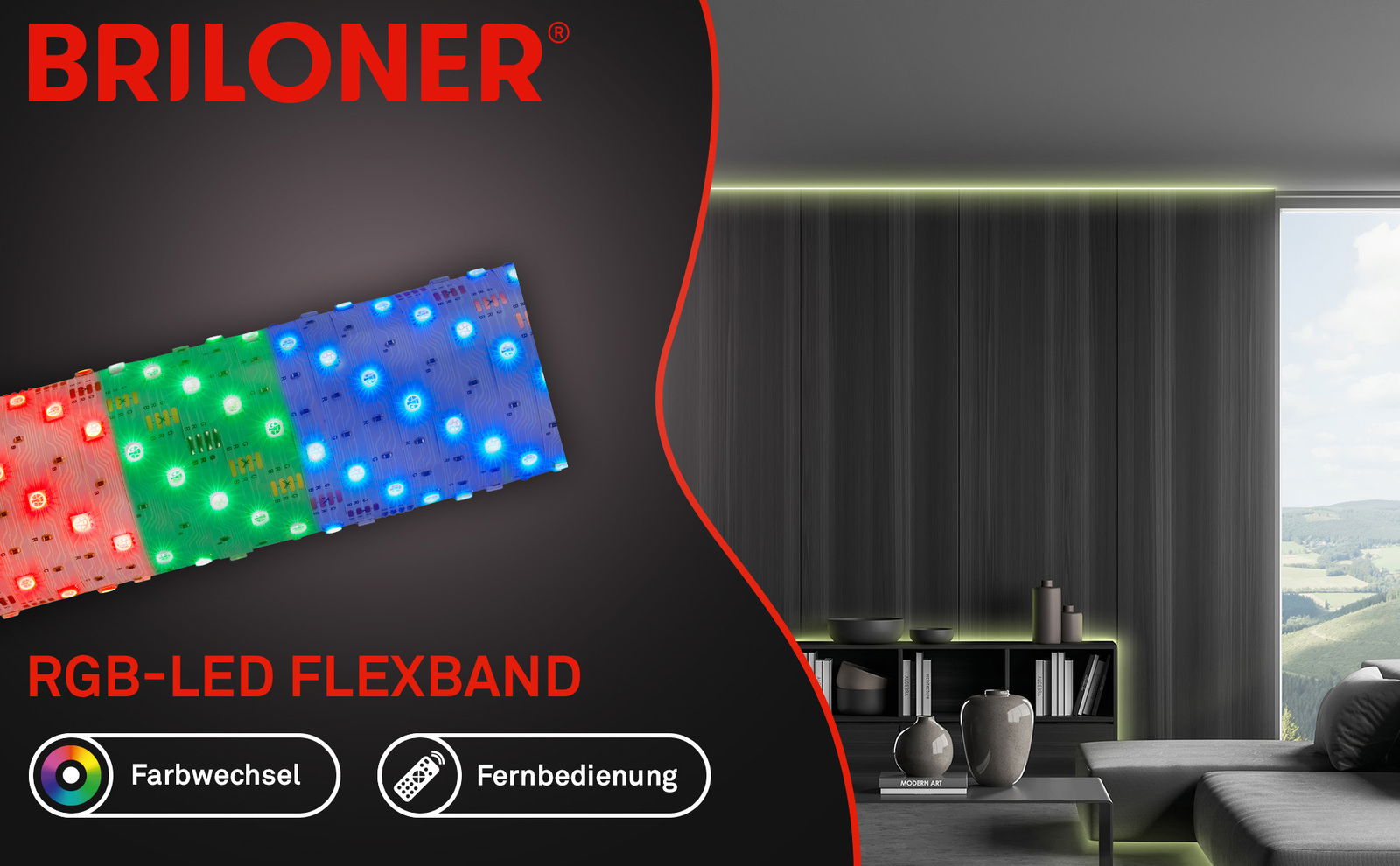 RGB-LED Flexband in einem modernen Wohnzimmer, das an der Decke und hinter einem Regal installiert ist, mit Farbwechsel- und Fernbedienungsoptionen.