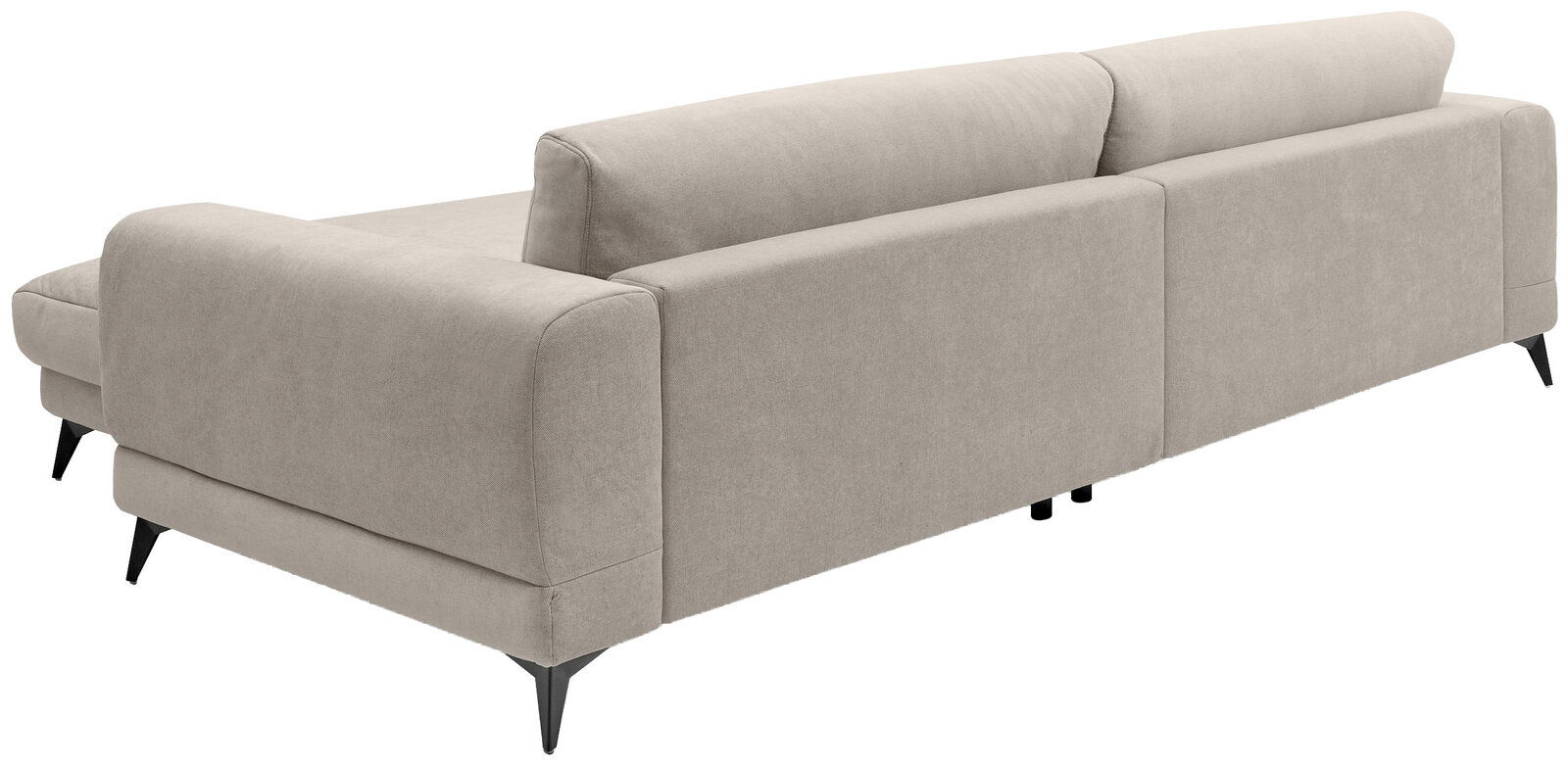 Rückansicht eines beigen Sofas mit schwarzen Füßen, Perspektive von hinten rechts.
