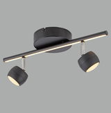 Moderne schwarze Deckenleuchte mit zwei verstellbaren Strahlern, seitliche Perspektive