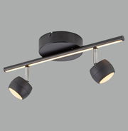 Moderne schwarze Deckenleuchte mit zwei verstellbaren Strahlern, seitliche Perspektive