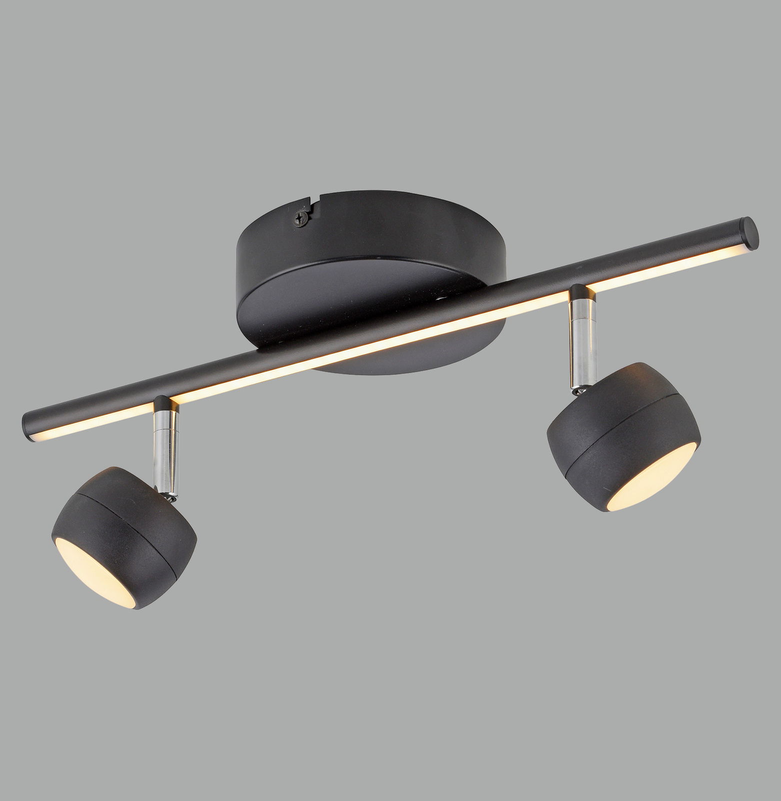 Moderne schwarze Deckenleuchte mit zwei verstellbaren Strahlern, seitliche Perspektive