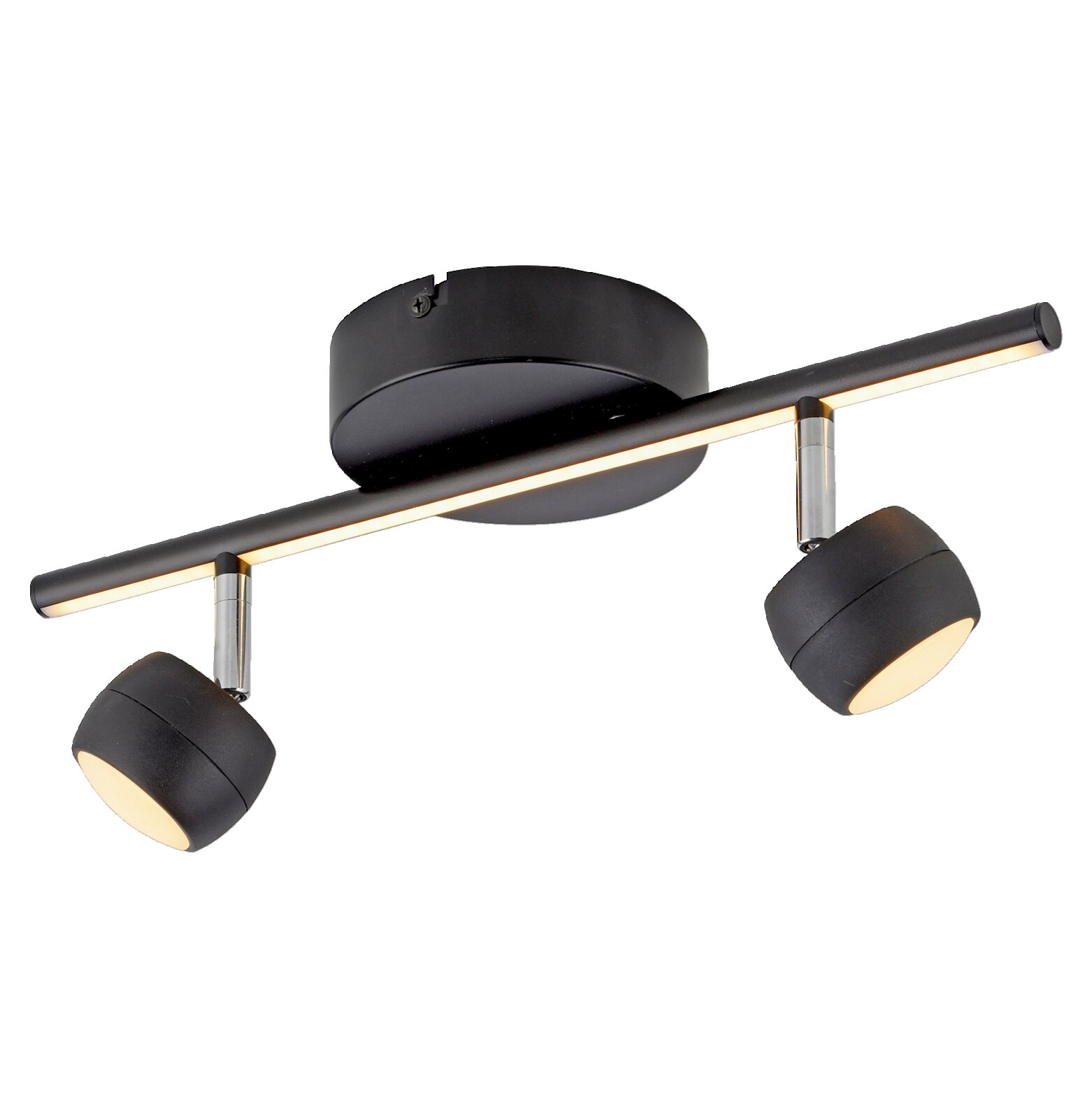 Moderne schwarze Deckenleuchte mit zwei verstellbaren Strahlern, seitliche Perspektive