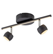 Moderne schwarze Deckenleuchte mit zwei verstellbaren Strahlern, seitliche Perspektive