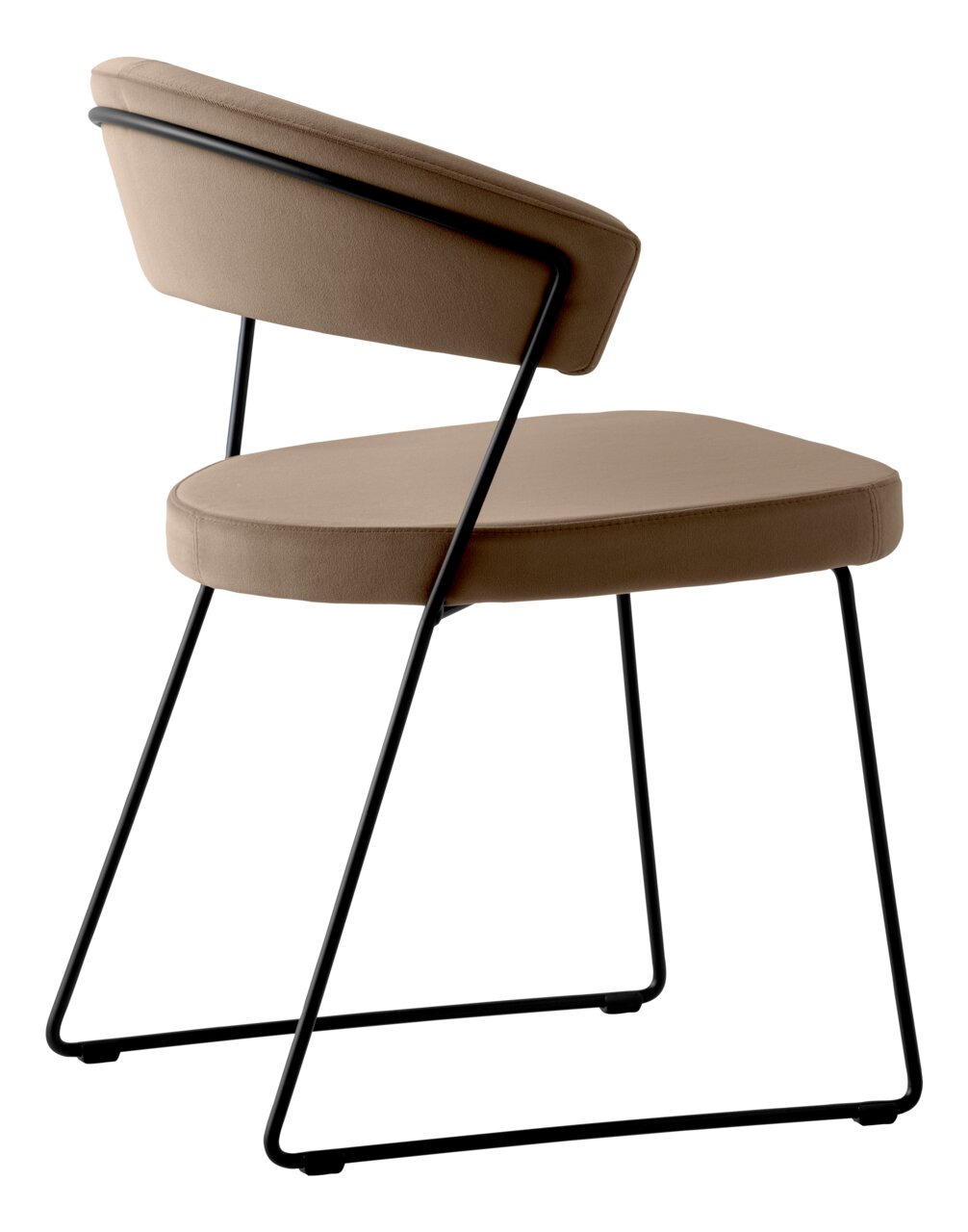 Moderne stoel met zwart metalen frame en bruine bekleding, zijaanzicht van de rugleuning