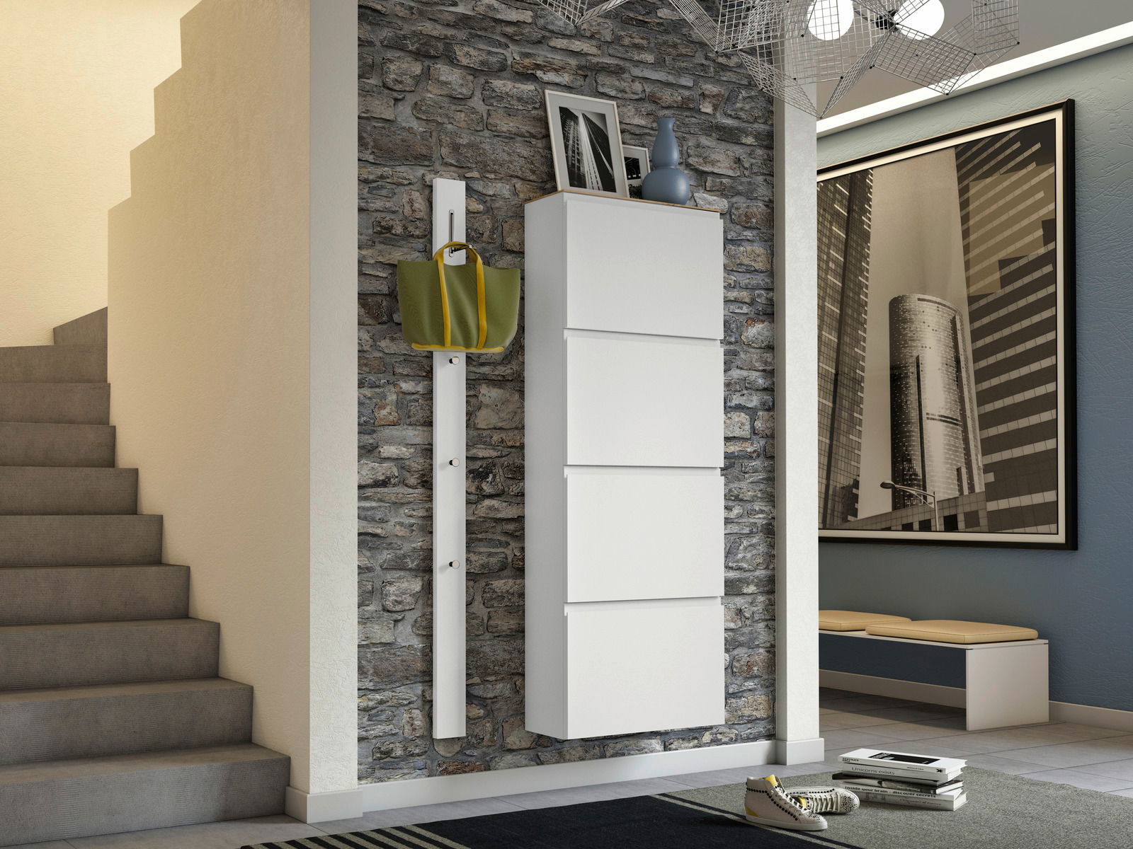 Moderner weißer Hängeschuhschrank 4K-T33 an einer Steinwand, seitliche Perspektive, mit Dekorationen obenauf.