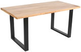 Moderner Esstisch mit Holzplatte und schwarzen Metallbeinen, seitliche Perspektive