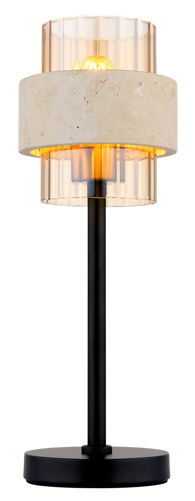 Moderne Tischleuchte mit schwarzem Metallfuß, transparent geripptem Glasschirm und hellem Steinring, warm leuchtend, frontale Produktansicht