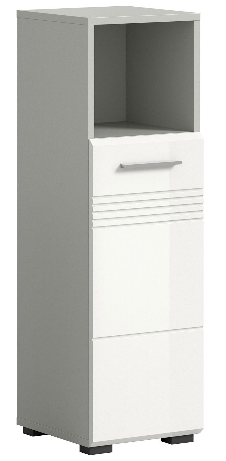 Moderner Standschrank mit offenem Fach und Schubladen, seitliche Perspektive