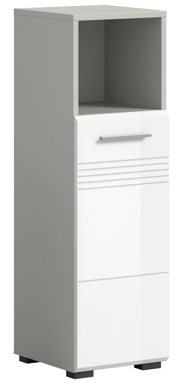 Moderner Standschrank mit offenem Fach und Schubladen, seitliche Perspektive