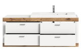 Moderner Waschbeckenunterschrank mit vier weißen Schubladen und Holzdetails, Frontalansicht