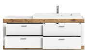 Moderner Waschbeckenunterschrank mit vier weißen Schubladen und Holzdetails, Frontalansicht