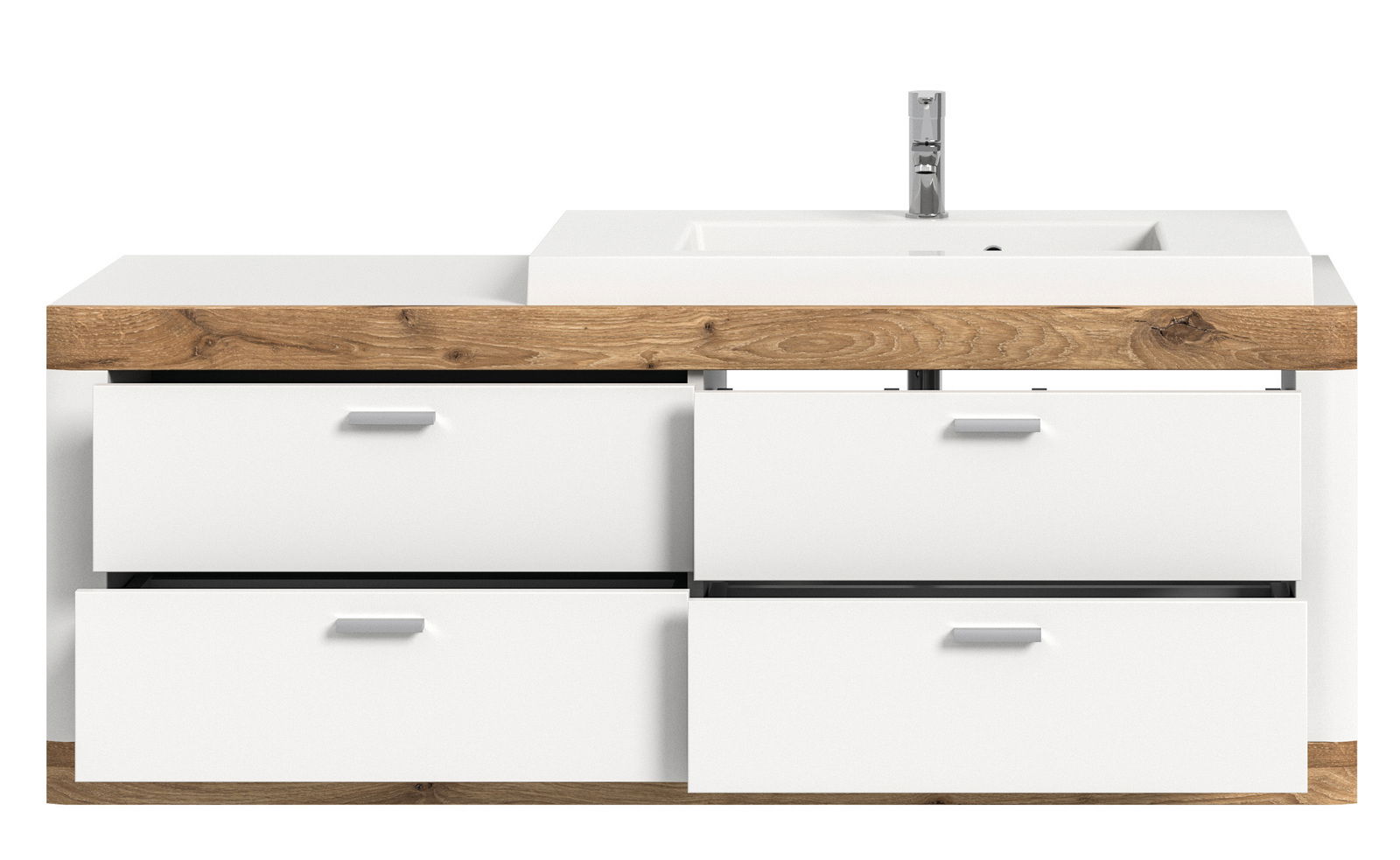 Moderner Waschbeckenunterschrank mit vier weißen Schubladen und Holzdetails, Frontalansicht