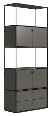 Schwarzes Metallregal mit zwei Schubladen und zwei Schrankfächern, seitliche Perspektive