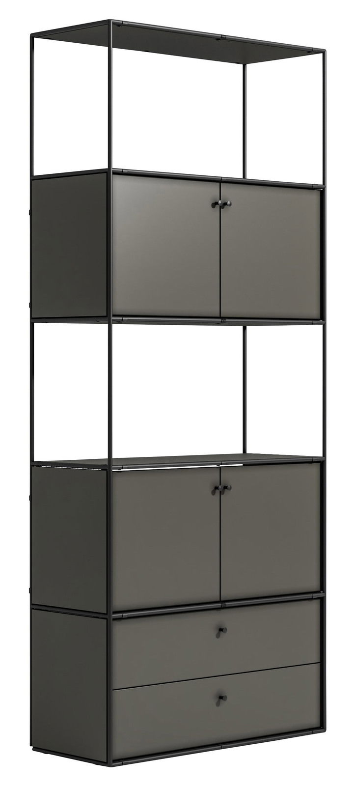 Schwarzes Metallregal mit zwei Schubladen und zwei Schrankfächern, seitliche Perspektive