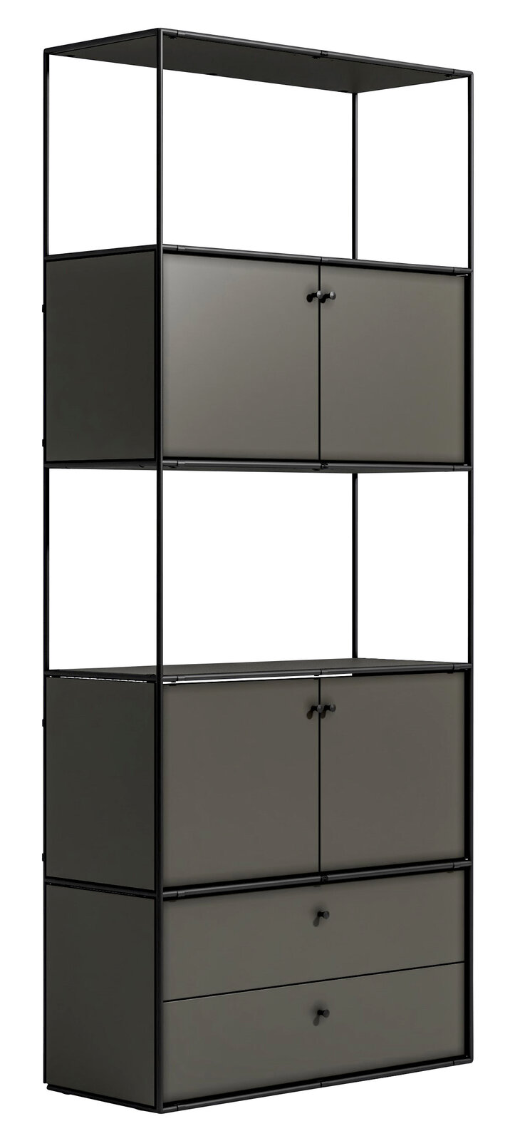 Schwarzes Metallregal mit zwei Schubladen und zwei Schrankfächern, seitliche Perspektive