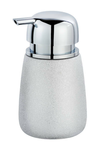 Keramik Seifenspender Glimma in silberner Farbe mit glänzendem Chrom-Pumpkopf, frontal abgebildet.