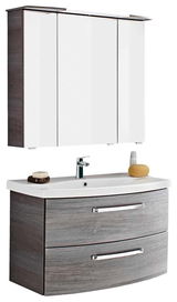 Moderne Badkombination mit Spiegelschrank und Waschbecken in Holzoptik, Frontalansicht