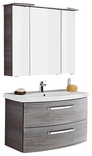 Moderne Badkombination mit Spiegelschrank und Waschbecken in Holzoptik, Frontalansicht