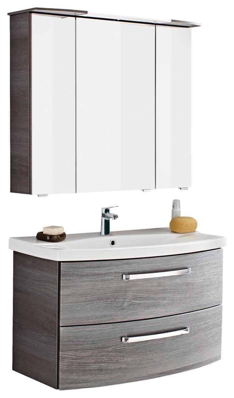 Moderne Badkombination mit Spiegelschrank und Waschbecken in Holzoptik, Frontalansicht