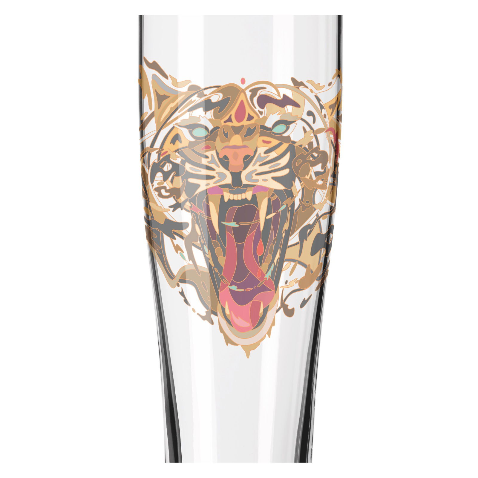 Weizenbierglas mit einem kunstvollen Tigerdesign, Frontalansicht