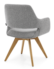 Grauer Armlehnstuhl mit Holzbeinen, Rückansicht