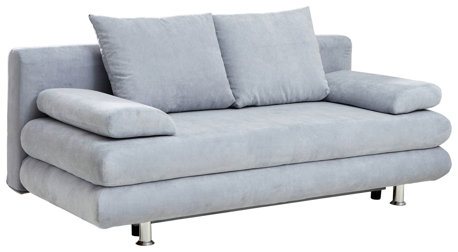 Graues Funktionssofa mit zwei großen Rückenkissen und Armlehnen, seitliche Perspektive