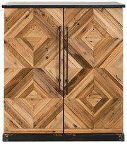 Frontansicht eines Barschrankes mit geometrischem Holzdesign und schwarzen Griffen.