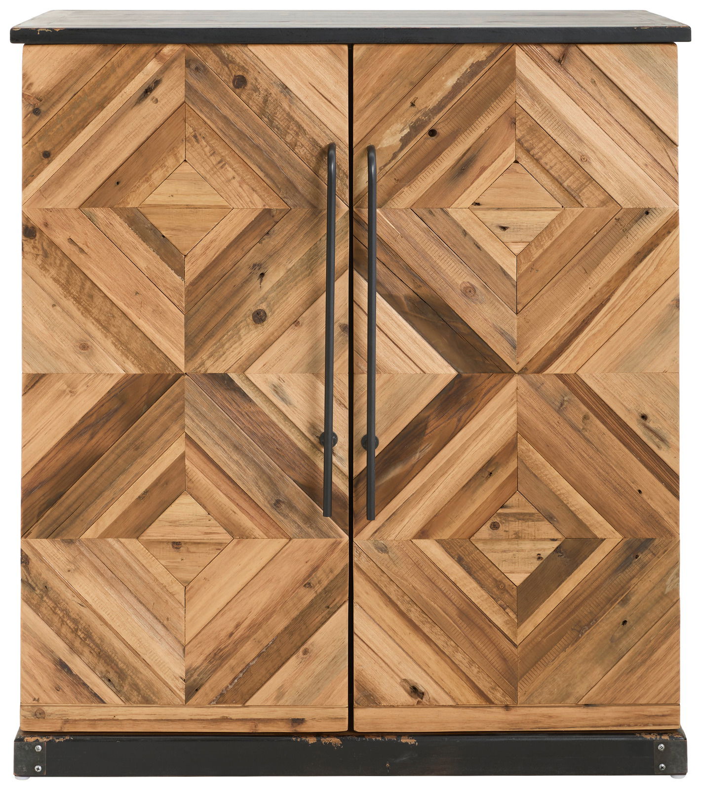 Frontansicht eines Barschrankes mit geometrischem Holzdesign und schwarzen Griffen.