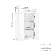 Weißer Aktenschrank mit zwei Türen, geöffnet, zeigt drei Regalfächer. Perspektive von vorne mit sichtbaren Maßen.