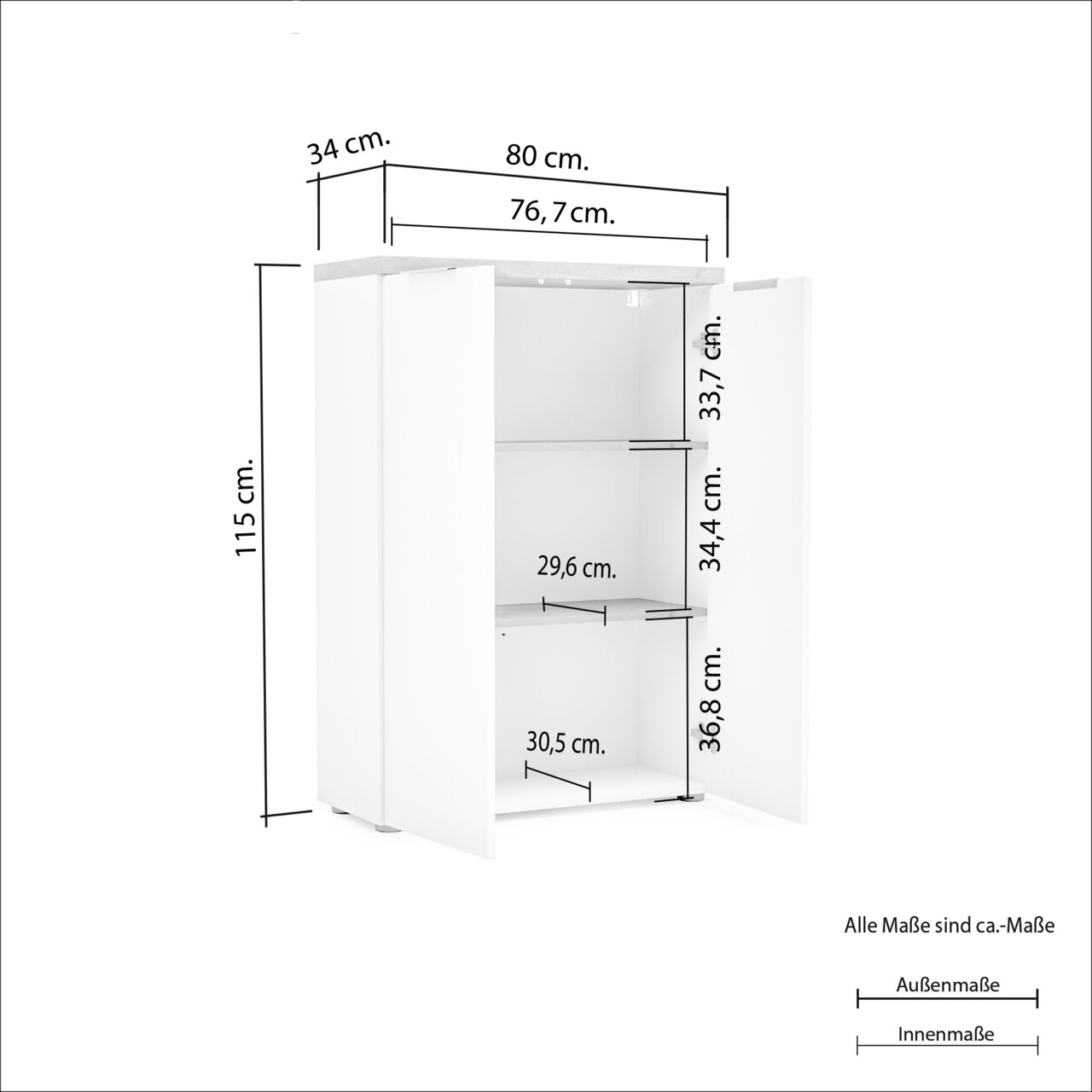 Witte archiefkast met twee deuren, geopend, met drie legplanken. Vooraanzicht met zichtbare afmetingen.
