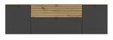 Frontansicht eines modernen TV-Lowboards mit dunklen Türen und einer Holzlamellen-Schublade.
