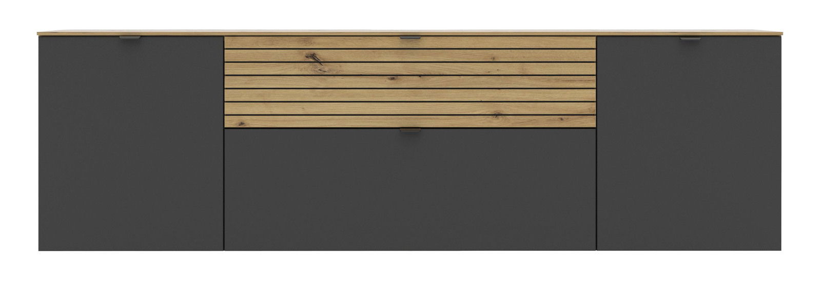 Frontansicht eines modernen TV-Lowboards mit dunklen Türen und einer Holzlamellen-Schublade.